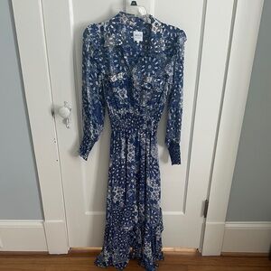 Misa Los Angeles Blue and White Tie Front Midi Dress with V-Neck